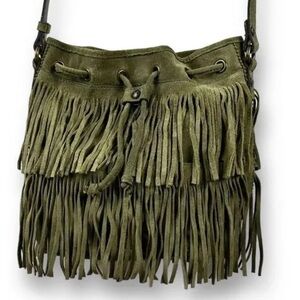 PATRICIA NASH Bronte olive green suede fringe boho crossbody bucket bag